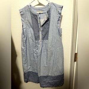 Loft Striped Henley Blue Shift Sleeveless Shirt Dress 100% Cotton M